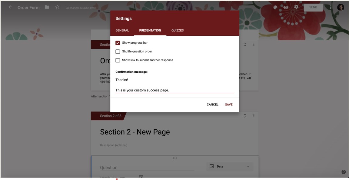 Success and redirect page of googleForms