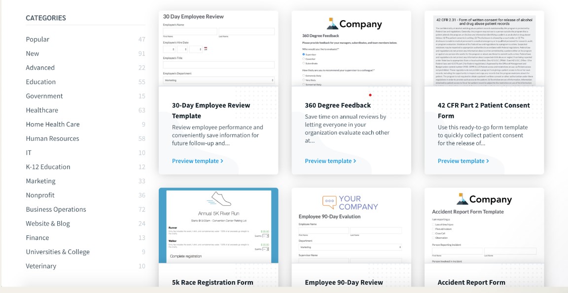 Template library formstack