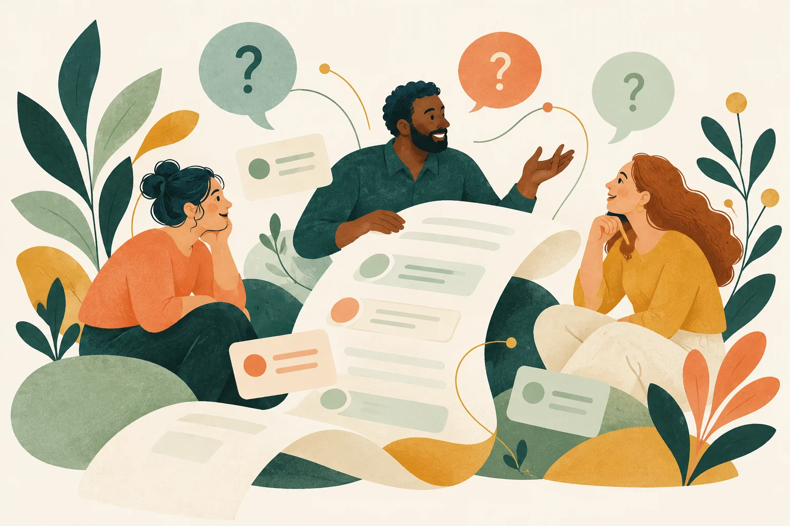Illustration of people turning questions and conversations into shared understanding